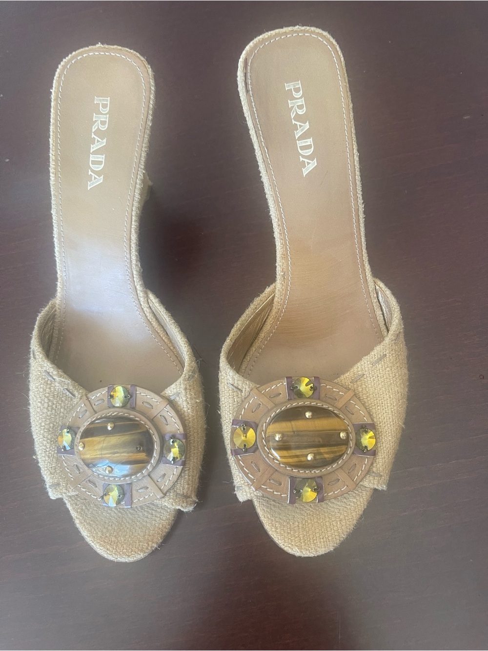 Early 2000s Rare Prada Open Toe Raffia Wedge with Tiger-Eye Jewel Tone Buckle